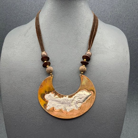 Copper Crescent BoHo Necklace Statement Silver Gold Wood Brown Suede - Picture 1 of 7